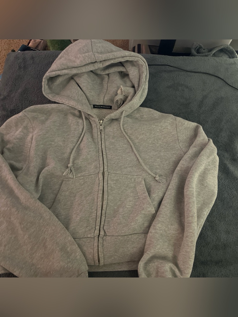 Brandy Melville Grey Zip-Up crop Hoodie with Hood and Pockets distressed vtg 90s